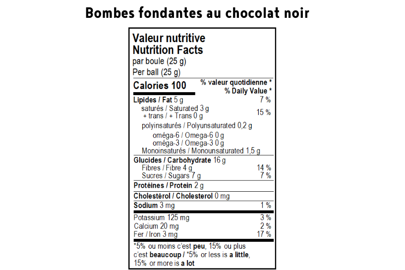 Valeur nutritive bombes fondantes à chocolat chaud noir